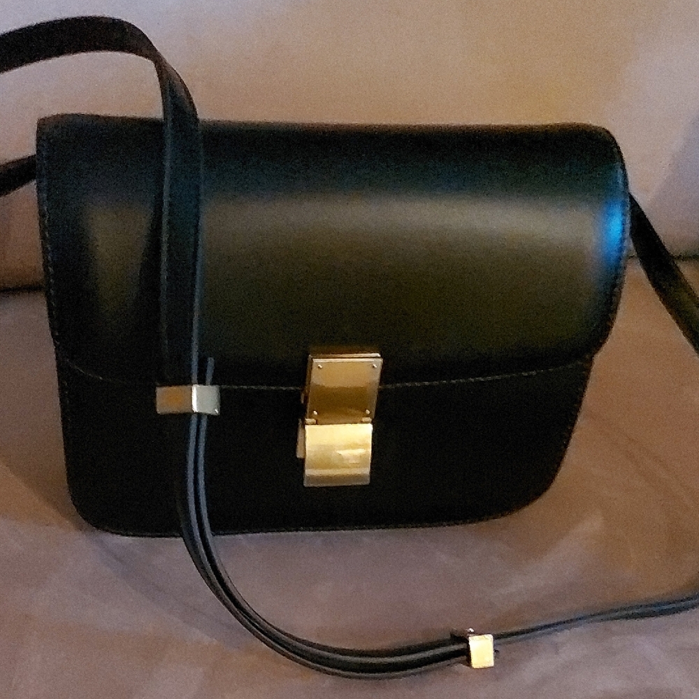 Sleek Black and Gold Crossbody Bag with Structured Design, Celine Style